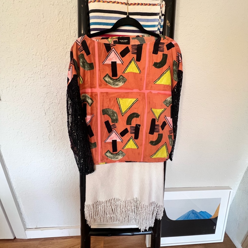 RACHEL COMEY SILK SHAPES TOP WITH SEQUINED SHEER SLEEVES